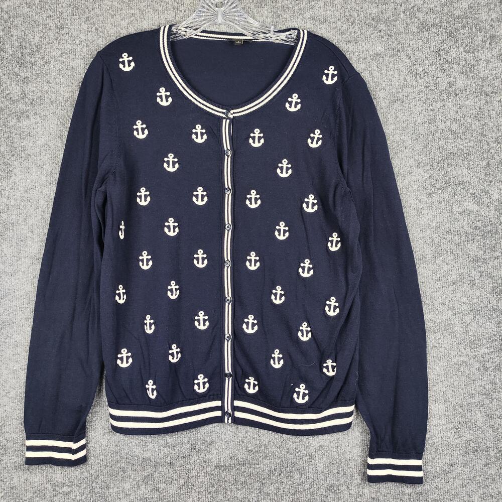 Talbots Sweater Cardigan Womens Large Blue Anchor Print Nautical Knit Striped